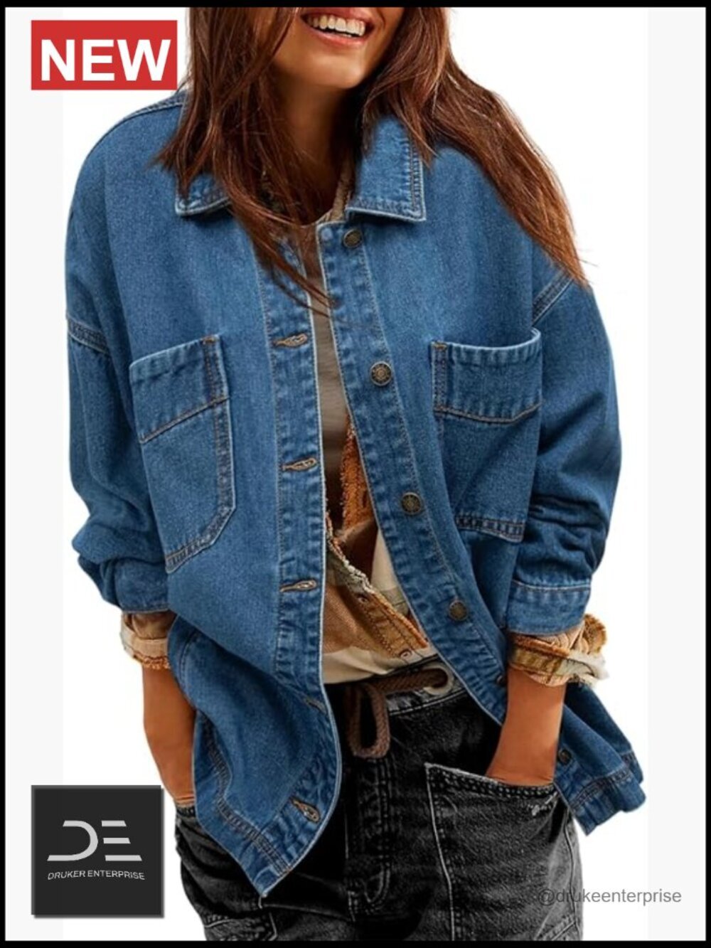 Oversized Boyfriend Denim Jacket with Side Split - Long Sleeve Button Up